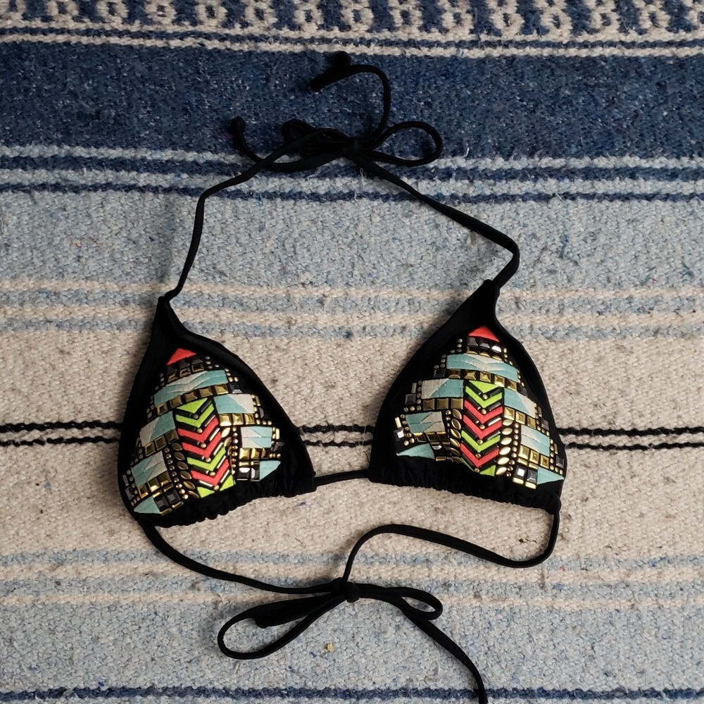 Black Embellished Aztec Print Bikini Top